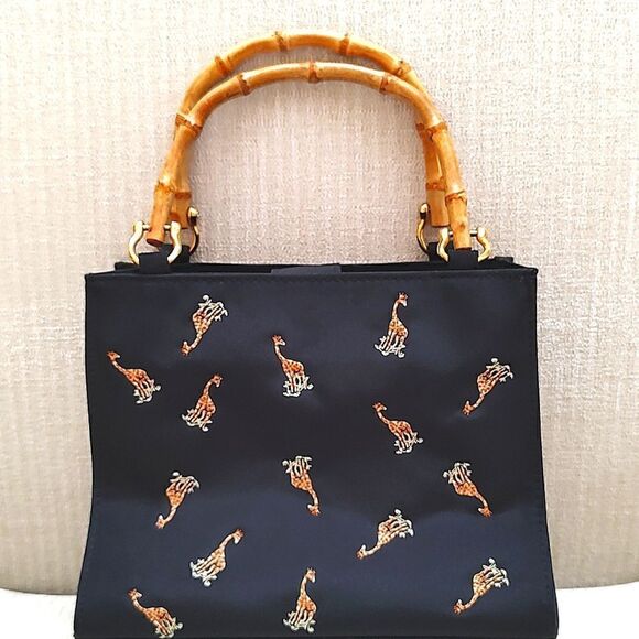 Prezzo Embroidered Giraffe Black Mini Tote Bag with Bamboo Handles - Picture 4 of 10